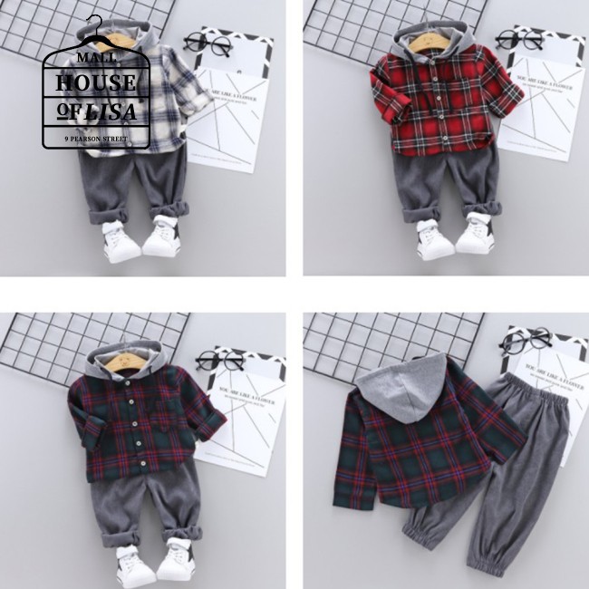 boy outfit clothing set boy clothing Boys Outfits Long Sleeves Plaid Hoodie+Solid Color Pants Leisure Clothing Suits 