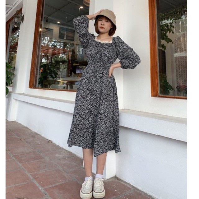 váy hoa nhí cổ vuông viền ren chun ngực eo Ulzzang style 🌸 VKE 9152-2 -3 Hàng Quảng Châu | BigBuy360 - bigbuy360.vn