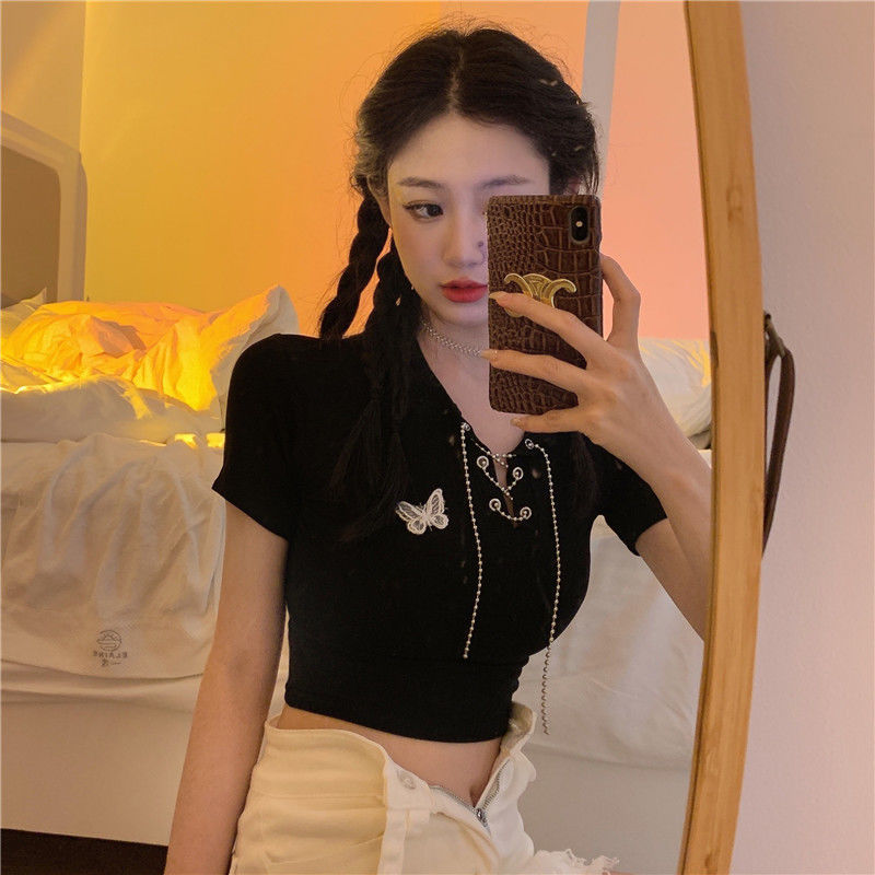 Summer new style V-neck strap butterfly all-match western style short-sleeved black T-shirt top women