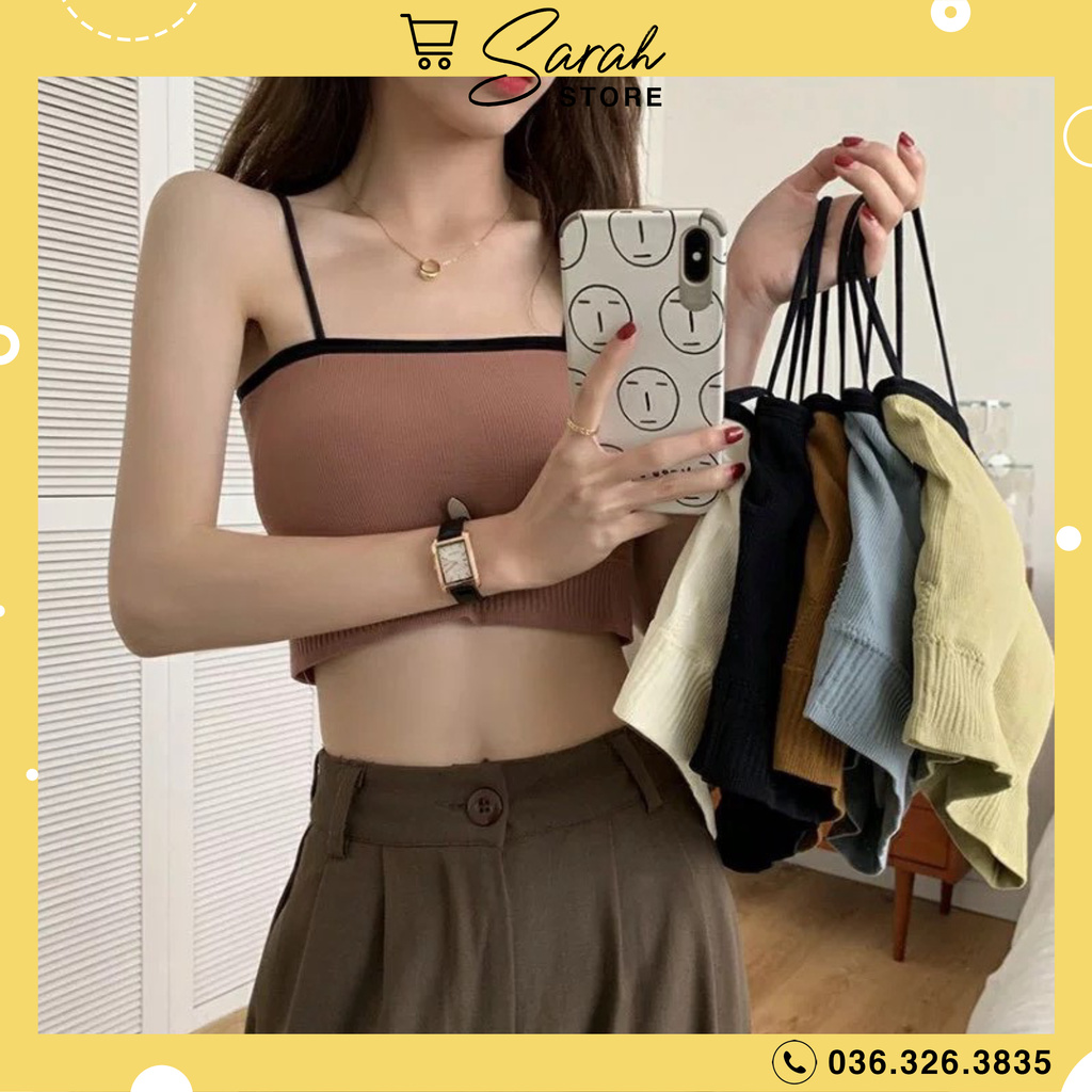 Áo 2 Dây Croptop Có Đệm Ngực Cotton Nhiều Màu Phối Viền Đen Cá Tính 388