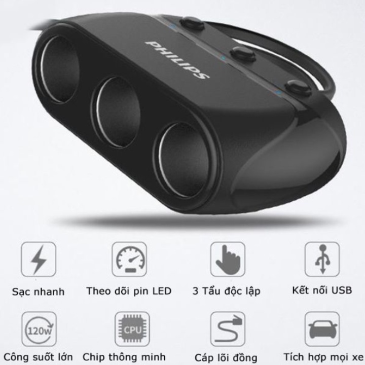 Bộ chia tẩu sạc ô tô Philips tích hợp 3 lỗ tẩu và 1 cổng sạc USB, Car charger DLP2019