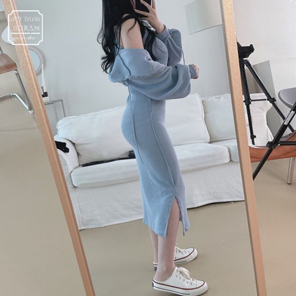 Set Áo Hoodies Màu Trơn Phối Chân Váy Xẻ Tà Phong Cách Hàn Quốc