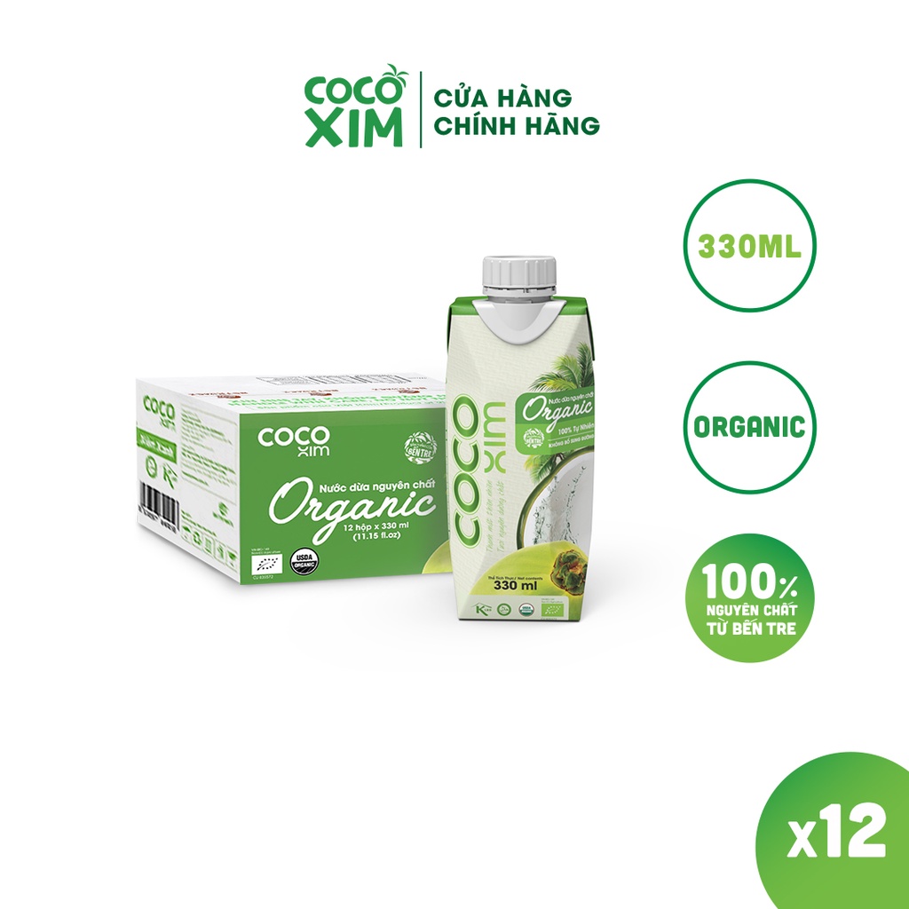 Thùng 12 Hộp Nước dừa đóng hộp Cocoxim Organic dung tích 330ml/Hộp