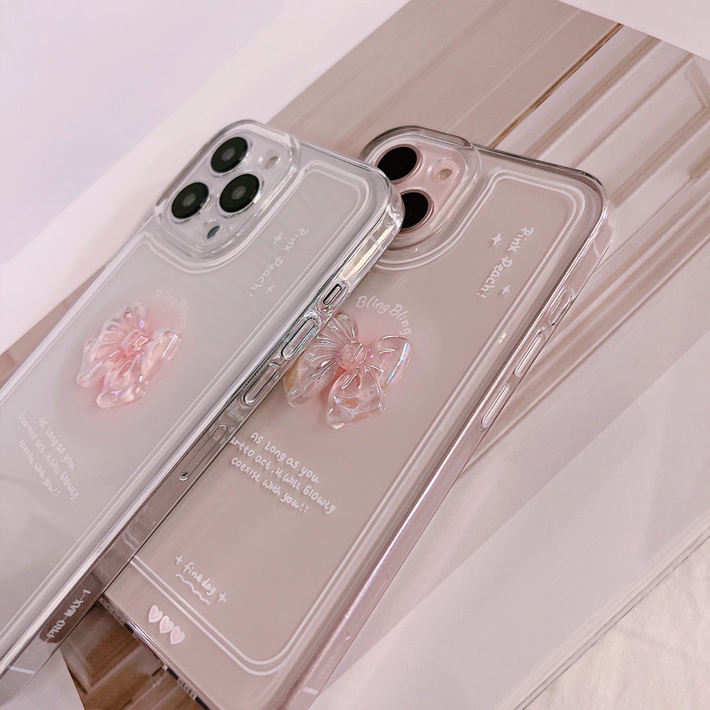 Ốp lưng cho iphone - Ốp trong đính nơ hồng xinh xắn, trong suốt lộ màu máy