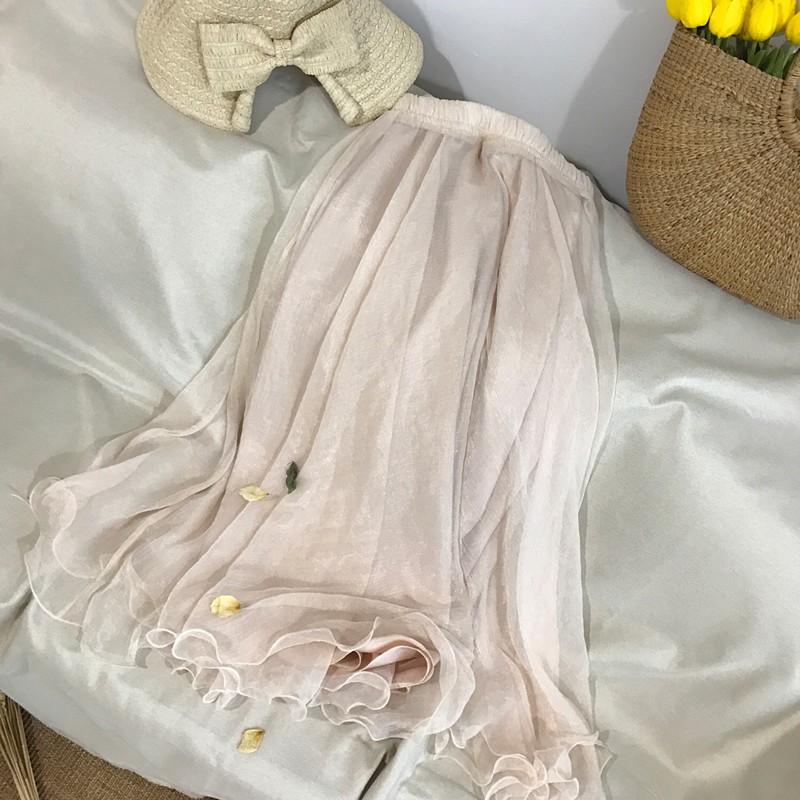 Chân váy voan lụa vintage dáng dài nhấp nháy cổ tích công chúa