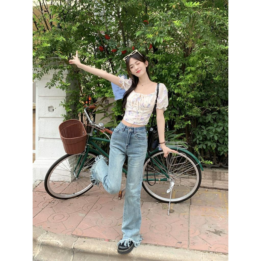 Áo Hoa Tay Phồng Cột Dây Dáng Ôm Co Giãn Phong Cách Hàn Quốc 63375