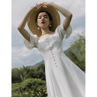 Đầm trắng nút bọc form dài, váy dự tiệc, váy vintage công chúa (kèm hình thật)