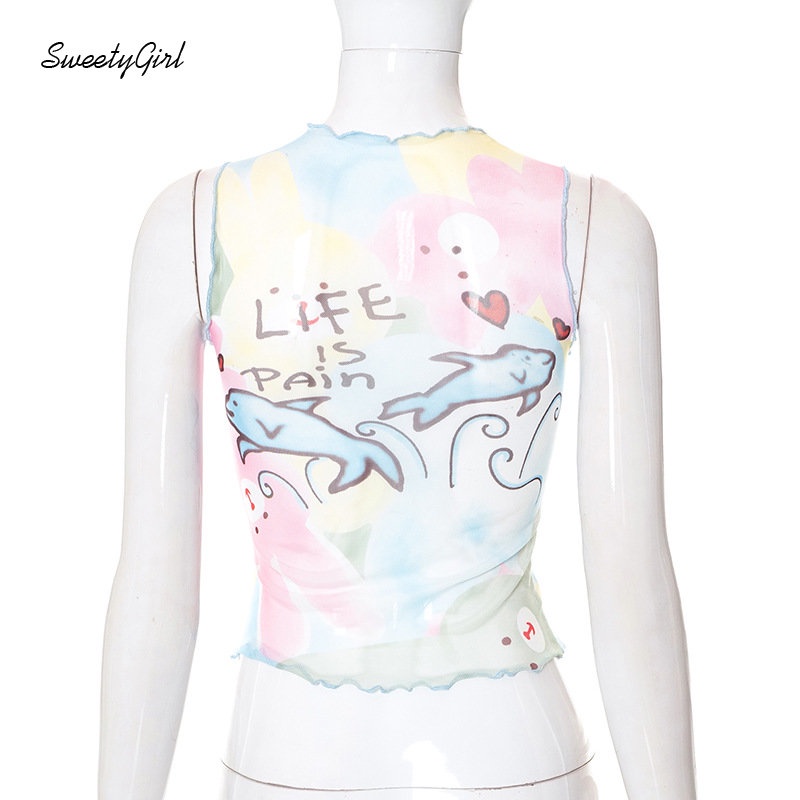 Áo Tank Top Cổ Tròn In Họa Tiết Hoạt Hình Dễ Thương Thời Trang 2022 Cho Nữ