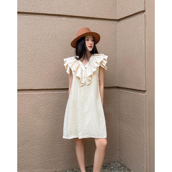 Váy nữ bèo cổ dáng babydoll [Linly Store] Đầm suông bánh bèo chất đũi V-VBE