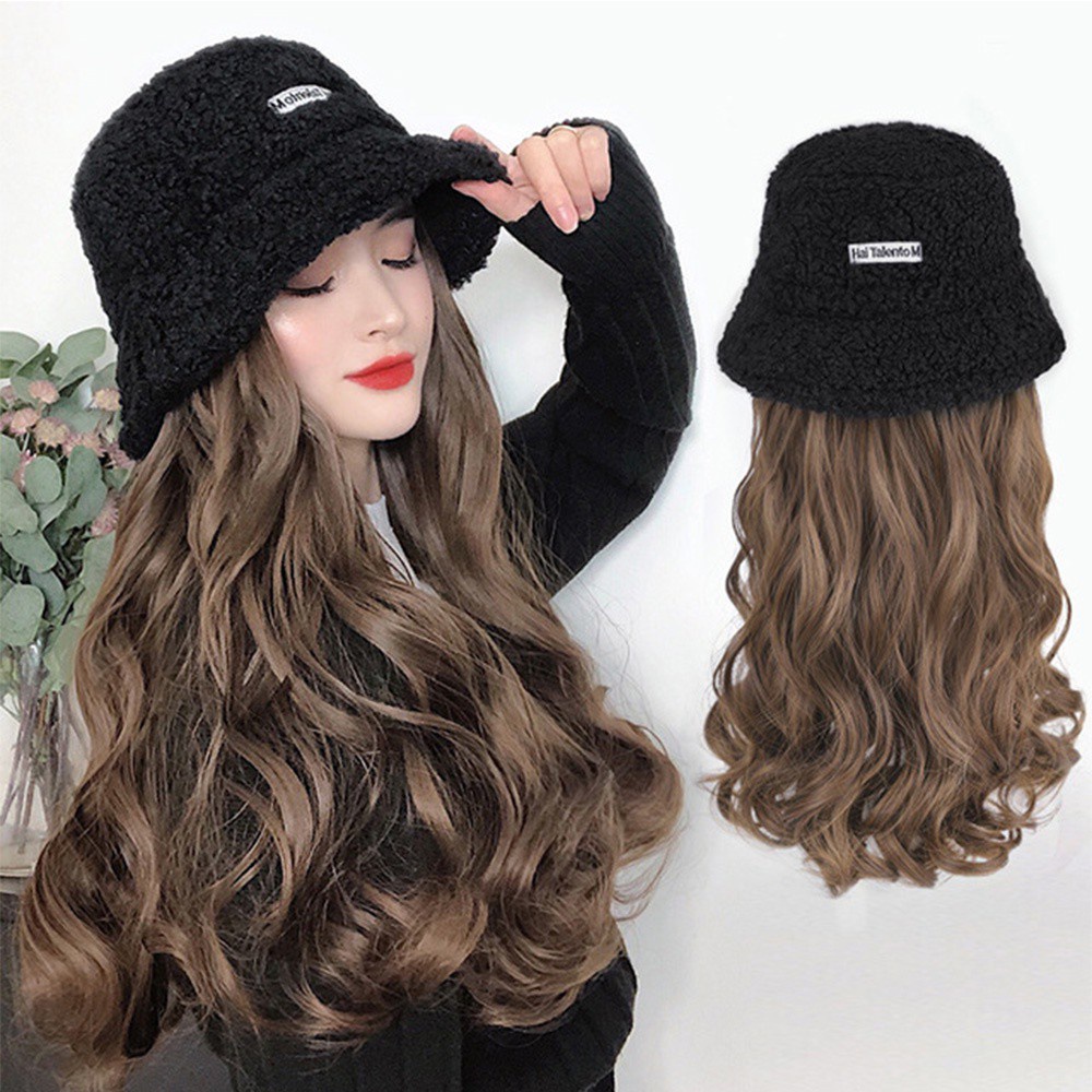 GUADALUPE Winter Velvet Bucket Hat Wigs Natural Long Wavy Wigs Wig With Bucket Hat Fluffy Hair Extensions Wide-brimmed Curly High Temperature Fiber Breathable Synthetic Hair/Multicolor
