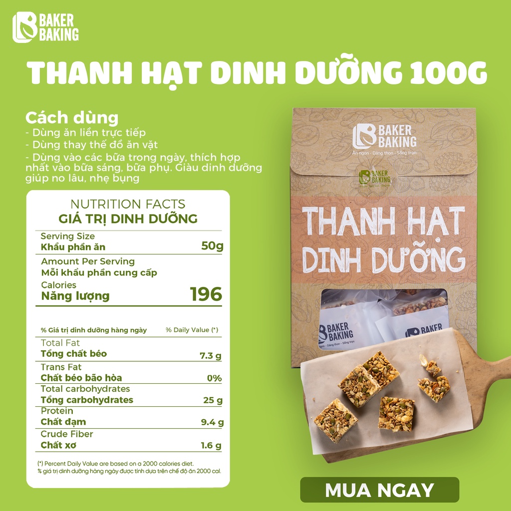 Thanh hạt dinh dưỡng Baker Baking - Healthy, Eat clean ăn kiêng dinh dưỡng giảm cân 100g