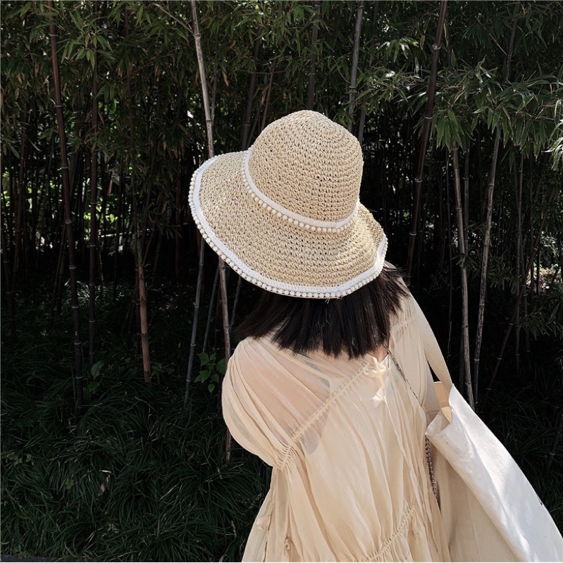 Mũ cói (Nón cói) móc tay vintage đính hạt viền siêu xinh (SH35)