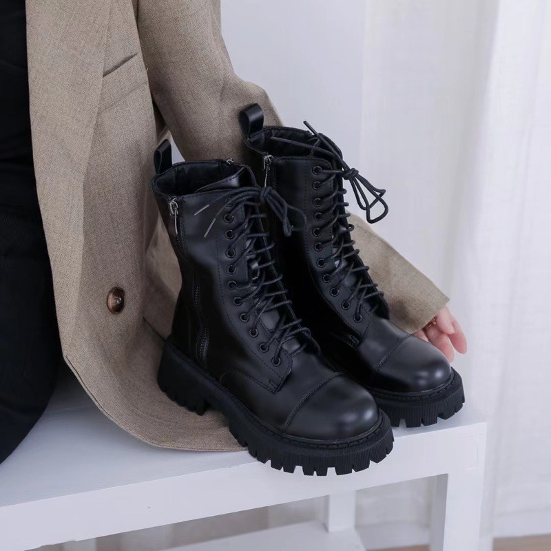 ẢNH THẬT CÓ SẴN MỚI VỀ Giày Combat Boots Bốt cổ ôm có khóa kéo da cực đẹp hàng cao cấp đế 5cm 5p fullbox hà nội