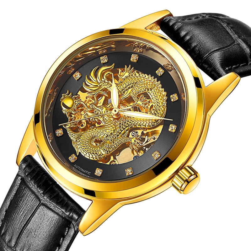 LANGLEY 3D Dragon Design Genuine Leather/Full Stainless Steel Automatic Mechanical Watch Double press butterfly clasp