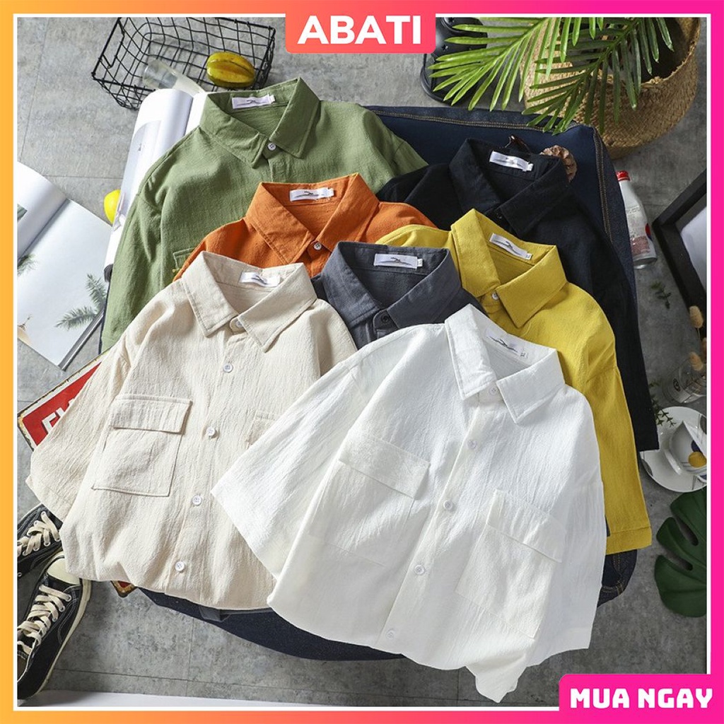 Áo sơ mi nam nữ form rộng tay ngắn unisex big size vải đũi thái dày dặn mềm mịn thoáng mát cao cấp hàn quốc ABATI