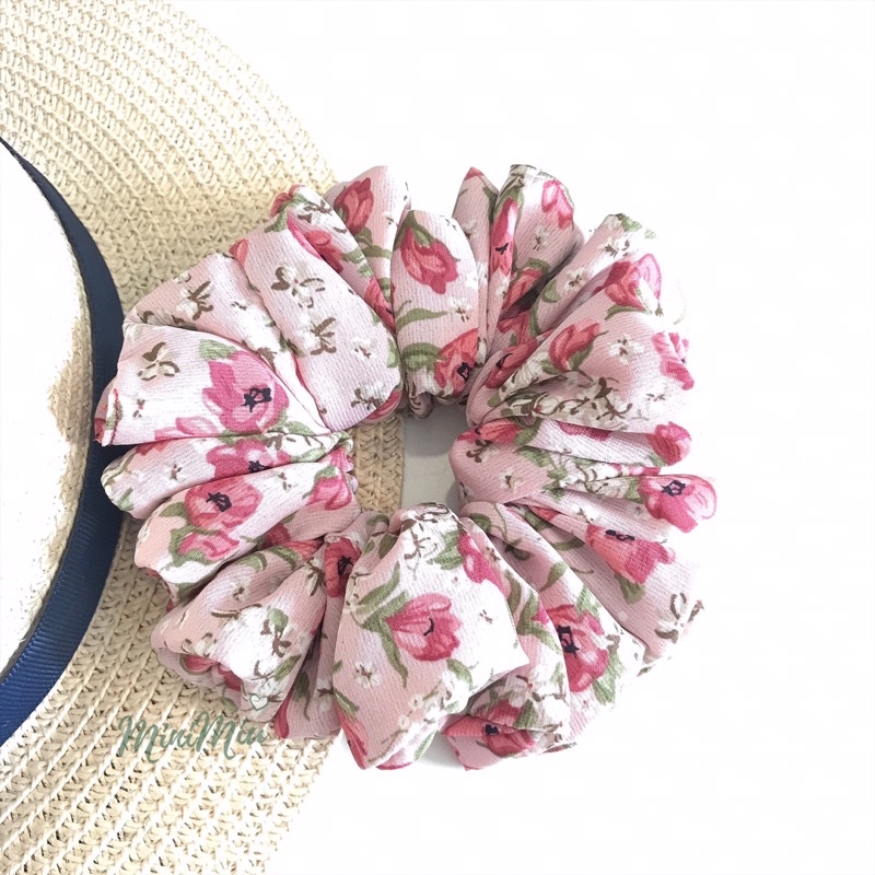 Dây buộc tóc Scrunchies handmade lụa chính phong,lụa cát hoạ tiết vườn hoa sắc màu, độ nhún dày chun co giãn tốt