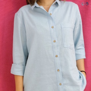Sơ mi linen chỉ nổi màu xanh