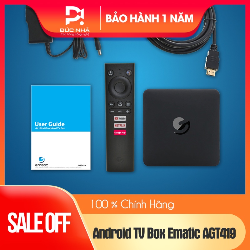 Android TV Box Ematic AGT419 Netflix 4K bản quyền | điều khiển giọng nói | tìm kiếm giọng nói