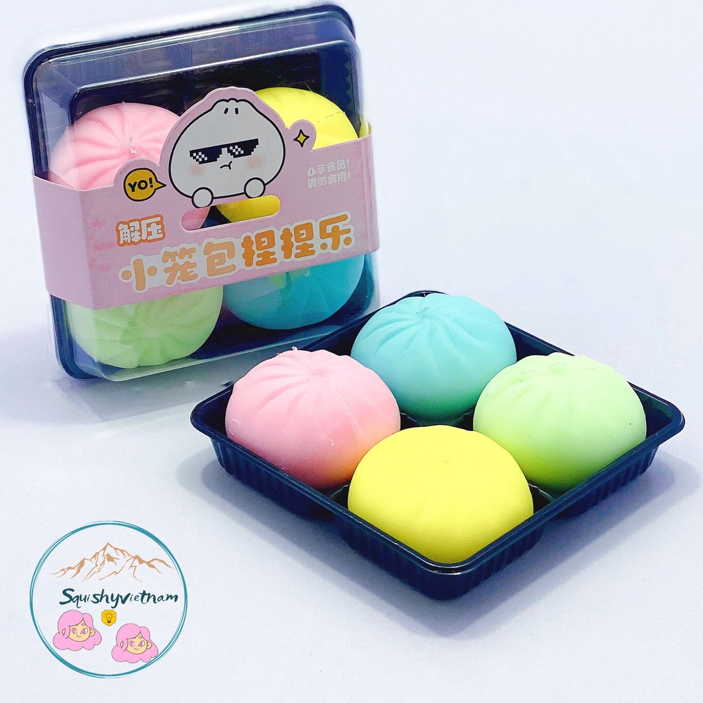 Squishy Mochi Hộp 4 bánh bao loại nhỡ màu sắc xanh đỏ tím vàng đàn hồi mềm mịn dễ thương xả stress