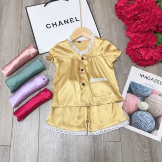 Bộ pijama phối ren chất phi lụa cho bé