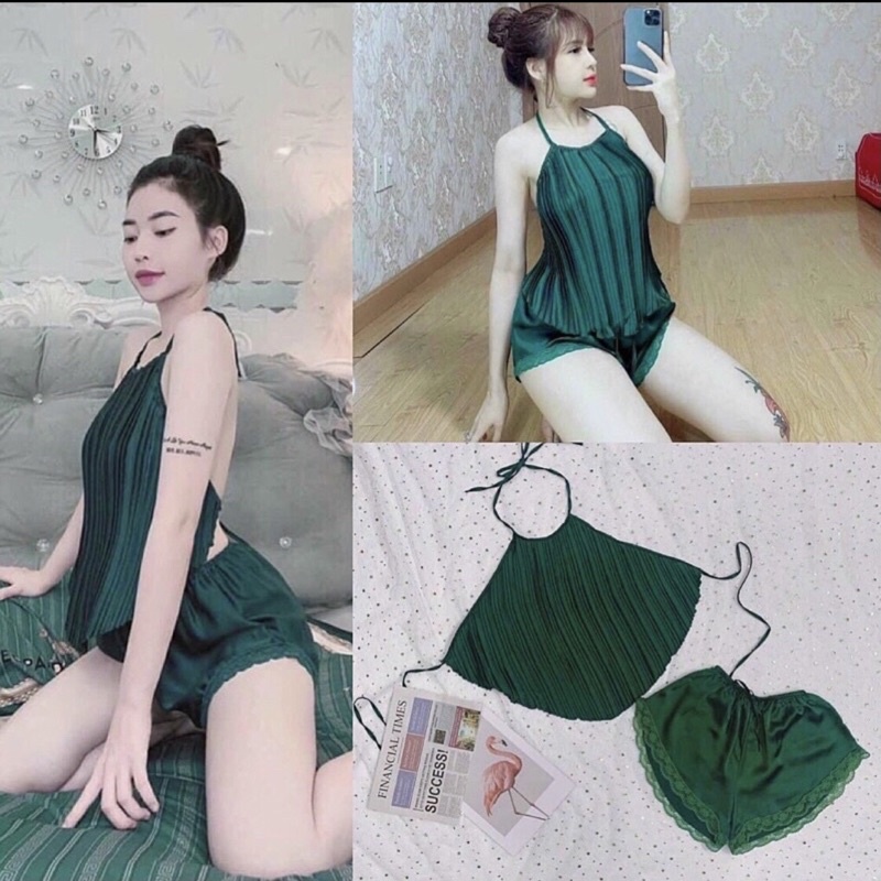 [BIGSIZE 70Kg] Đồ Ngủ bigsize sexy - Yếm ngủ dập ly phi lụa -kèm quần ren gợi cảm