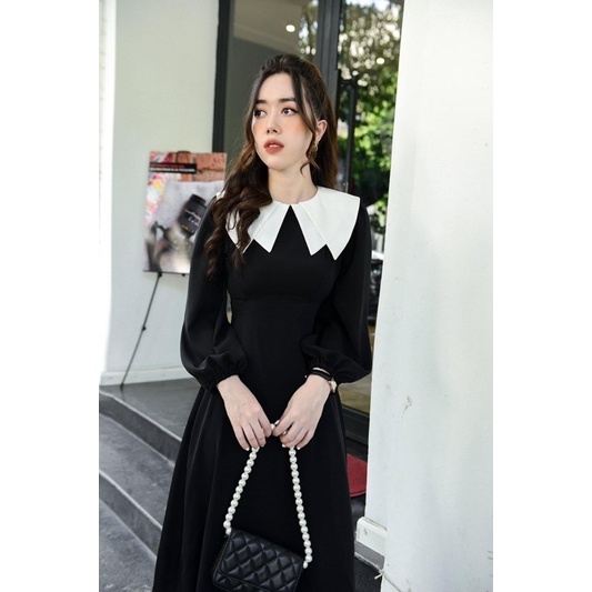 ĐẦM ĐEN TAY DÀI BO MIDI CỔ ĐÔI TRẮNG