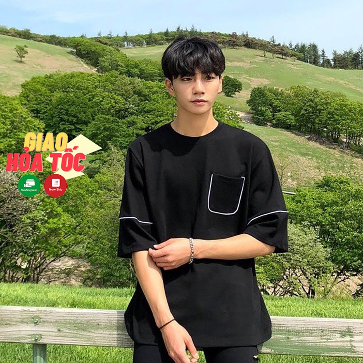 Áo tee đen basic viền trắng tay lửng form rộng unisex