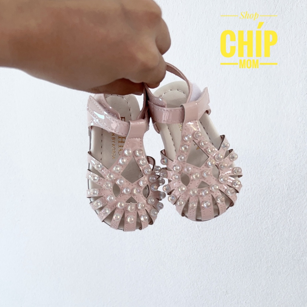 sandal bé gái dép rọ tập đi cho bé bảo vệ chân đính ngọc chắc chăn hồng trắng size tiểu da PU mềm full box A13 (có video