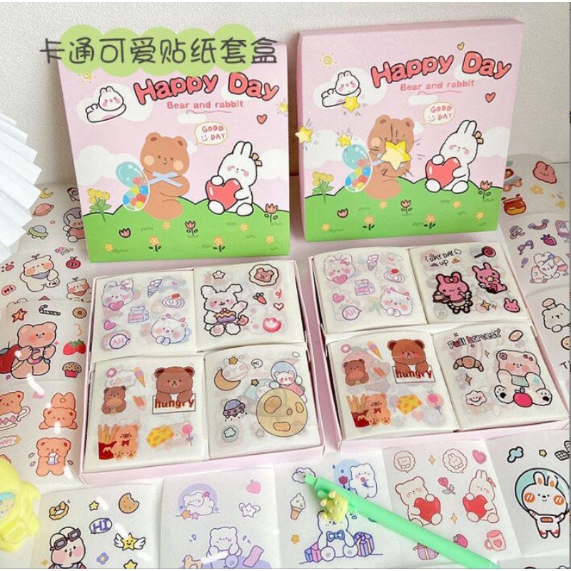 Z0745 Tách set full mẫu Hộp 100 tấm sticker PET cắt sẵn chống nước cute nhiều màu