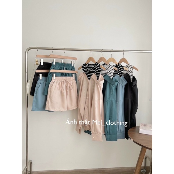 Set sơmi lụa cách điệu may liền áo lỗ kẻ sọc, set đồ nữ tiểu thư