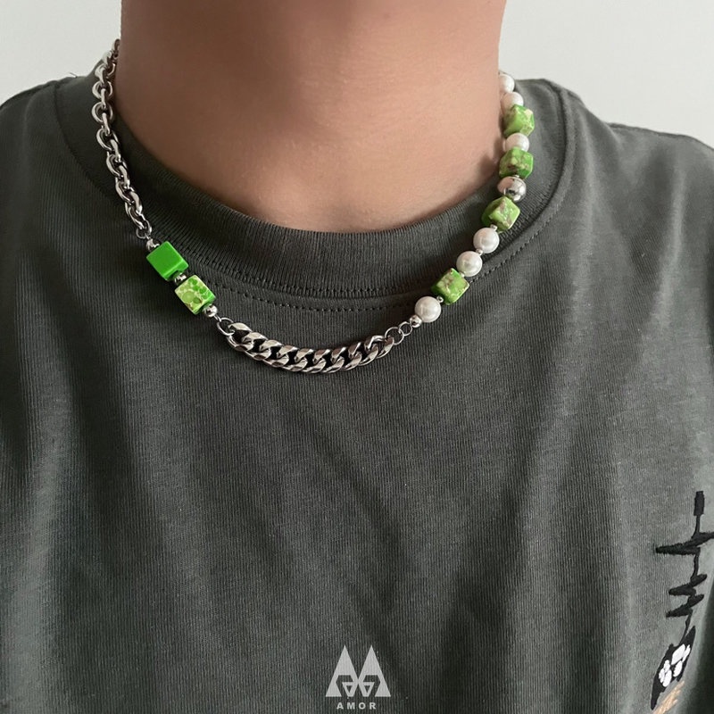 Vòng cổ Bằng Thép Không Gỉ Đính Ngọc Trai Tự Nhiên Cao Cấp Phong Cách hip hop