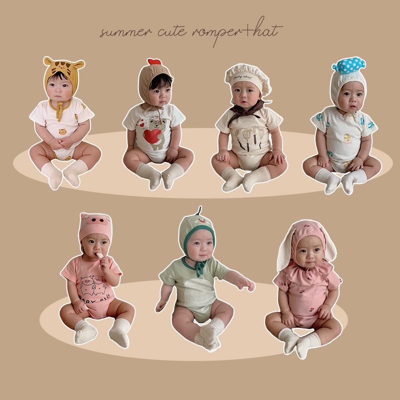 Bộ Áo Liền Quần Tay Ngắn + Mũ Vải Cotton Thời Trang Mùa Hè Dễ Thương Cho Bé Sơ Sinh