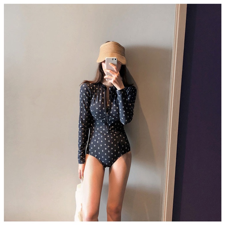 Bikini liền đen chấm bi trắng tay dài khóa kéo kín đáo