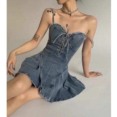 JV002 Váy bò 2 dây xếp ly sexy tôn dáng bó eo rút dây siêu đẹp vai trần nhấn eo Sẵn IB Giảm 30K