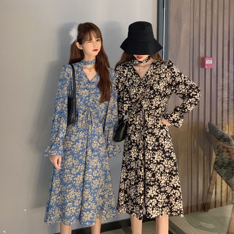 Đầm nữ dài tay bồng Retro 2021, Váy vintage tiểu thư dáng dài xòe màu đen xanh cổ V tặng kèm dây sang chảnh hàn quốc