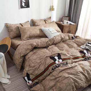 Trọn Bộ Drap Giường Chần Bông Cotton Chó Gucci Cotton M6*2M-M8*2M((1 Chăn Phao, 1 Ga, 2 Vỏ Gối Đầu, 1 Vỏ Gối Ôm)
