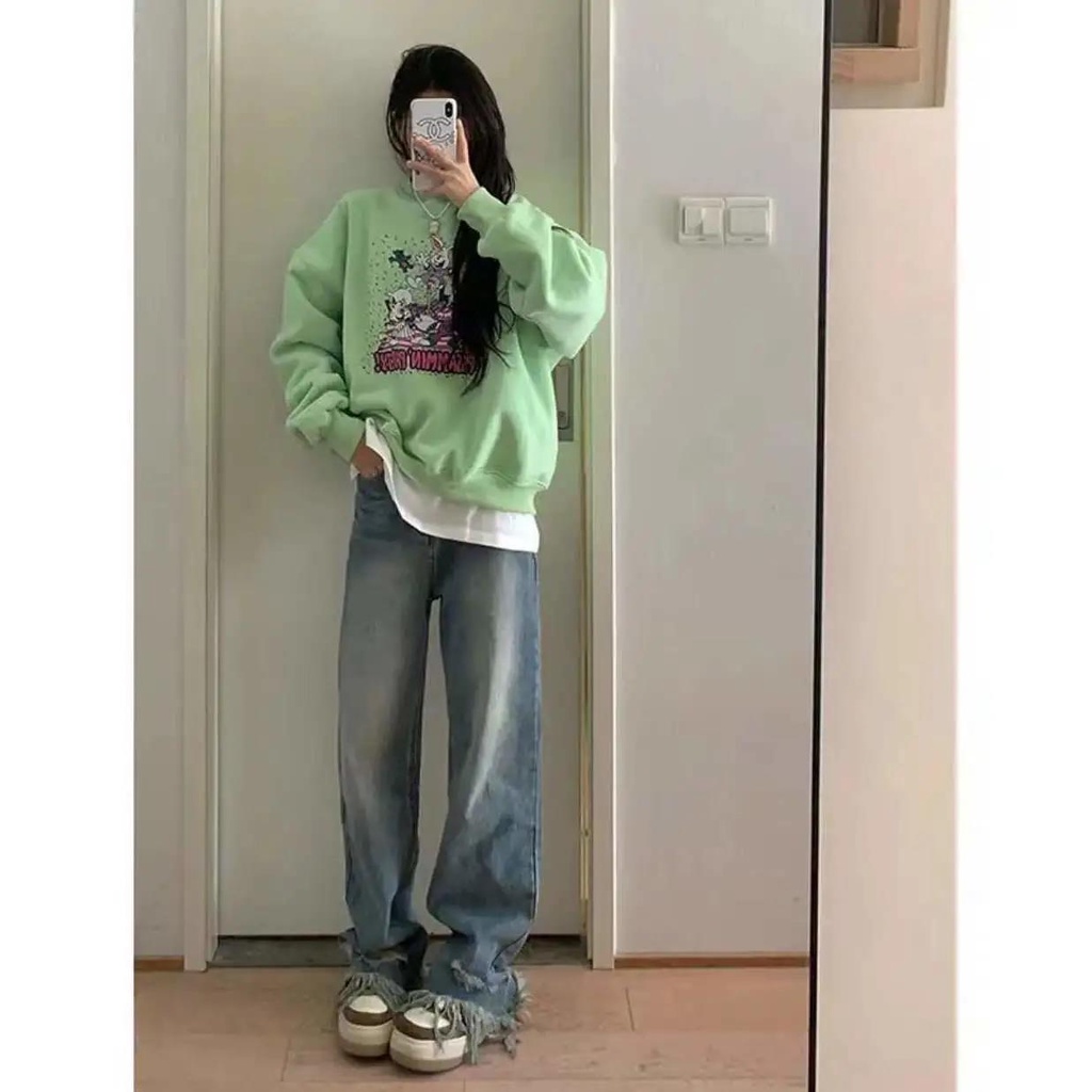 Jiashucheng Quần Jean Rách Lưng Cao Phối Tua Rua Rách Đường Phố Mùa Xuân Hè Cho Nữ