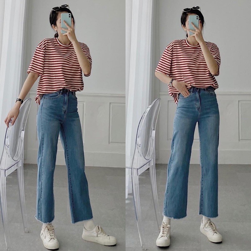 Quần Jeans Culottes Ống Rộng Lai Tua Lưng Cao 9 Tấc Xuất Xịn