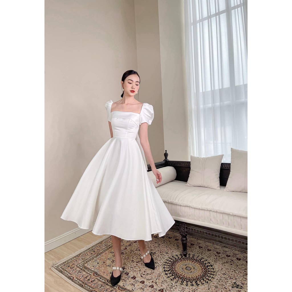 Đầm dự tiệc cổ vuông tay bồng cột nơ lưng xinh xắn - Misu Dress