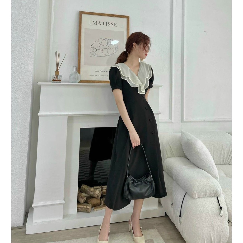 [HCM] Đầm Nữ Cổ Bèo Tơ Gân Đính Nút Bọc Thời Trang Nữ Sam Closet Free Size 40-55kg