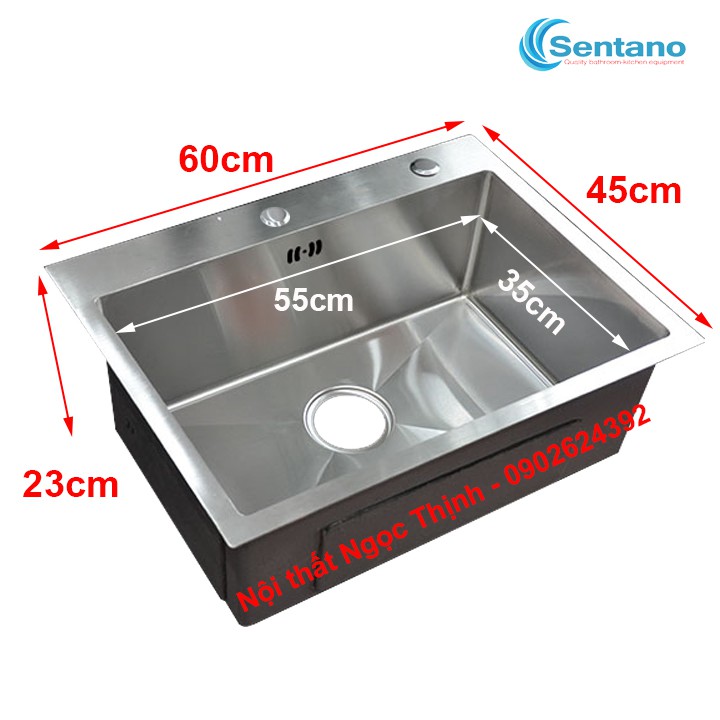 [BH 36 THÁNG] Chậu rửa chén liền khối 1 ngăn kiểu vuông SENTANO 60x45cm PLUS 100% INOX 304