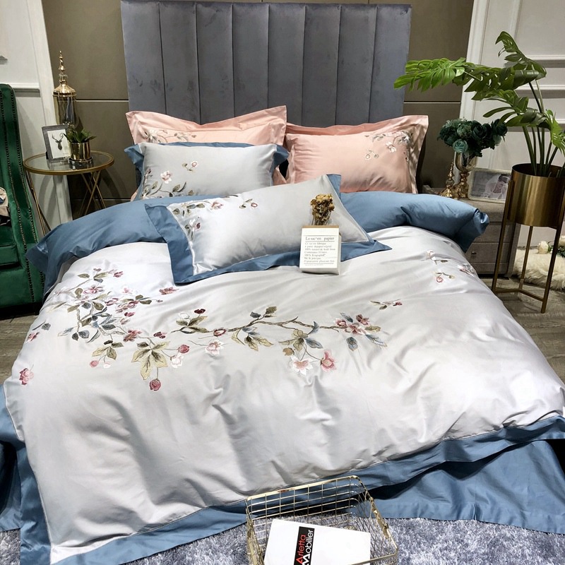 GC799 Bộ chăn ga gối thêu chất cotton lụa cao cấp hàng nhập