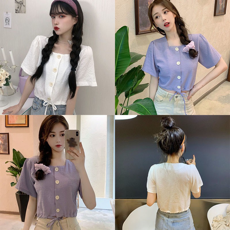 Áo Croptop Ngắn Tay Cổ Vuông Phối Dây Rút Xinh Xắn Dành Cho Nữ