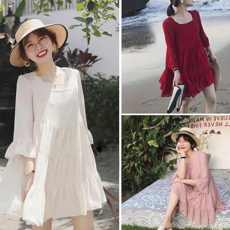 Đầm tay lỡ nhún bèo màu trắng đỏ tím cổ vuông đan dây nơ sau phối chất voan lụa cao cấp chân váy tầng xòe MIKAN DRESS