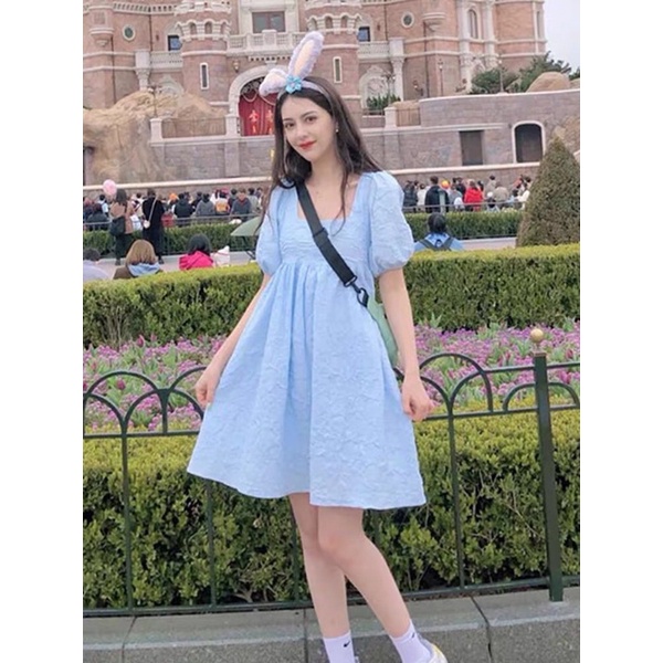 Váy đầm babydoll cổ vuông xanh trắng, dáng xoè tay phồng siêu xinh bầu bon chen  phong cách hàn quốc