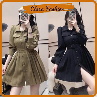 Váy sơ mi cổ bẻ xếp ly chất xốp nổi kèm đai 2 màu có ảnh thật clara siêu xinh