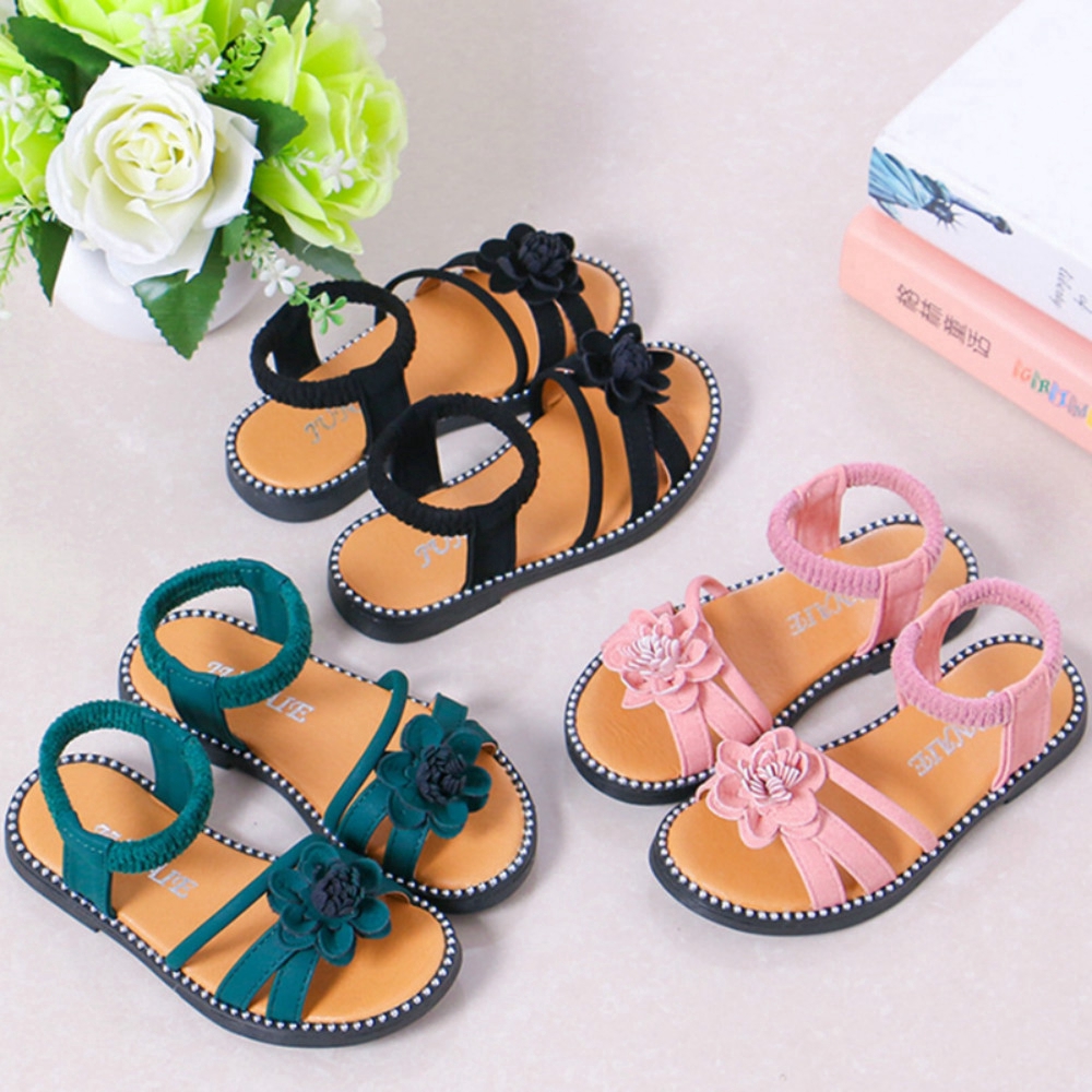 4-16 Years Plus Size Kids Girls Sandals Shoes Rome Fashion Leather Pink Girls Princess Black Sandals Rubber Sole