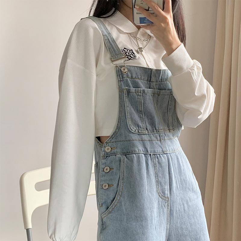 Small cute Japanese denim overalls thin student light blue autumn Korean loose straight trousers | BigBuy360 - bigbuy360.vn