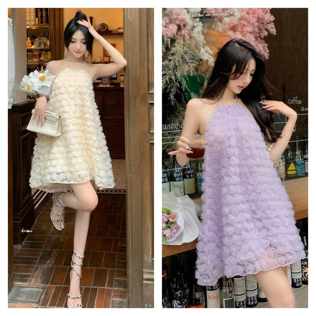 Đầm Nữ Thiết Kế Cổ Yếm Dáng Xòe Chất Ren Hoa Hồng Đầm Dự Tiệc Sang Trọng