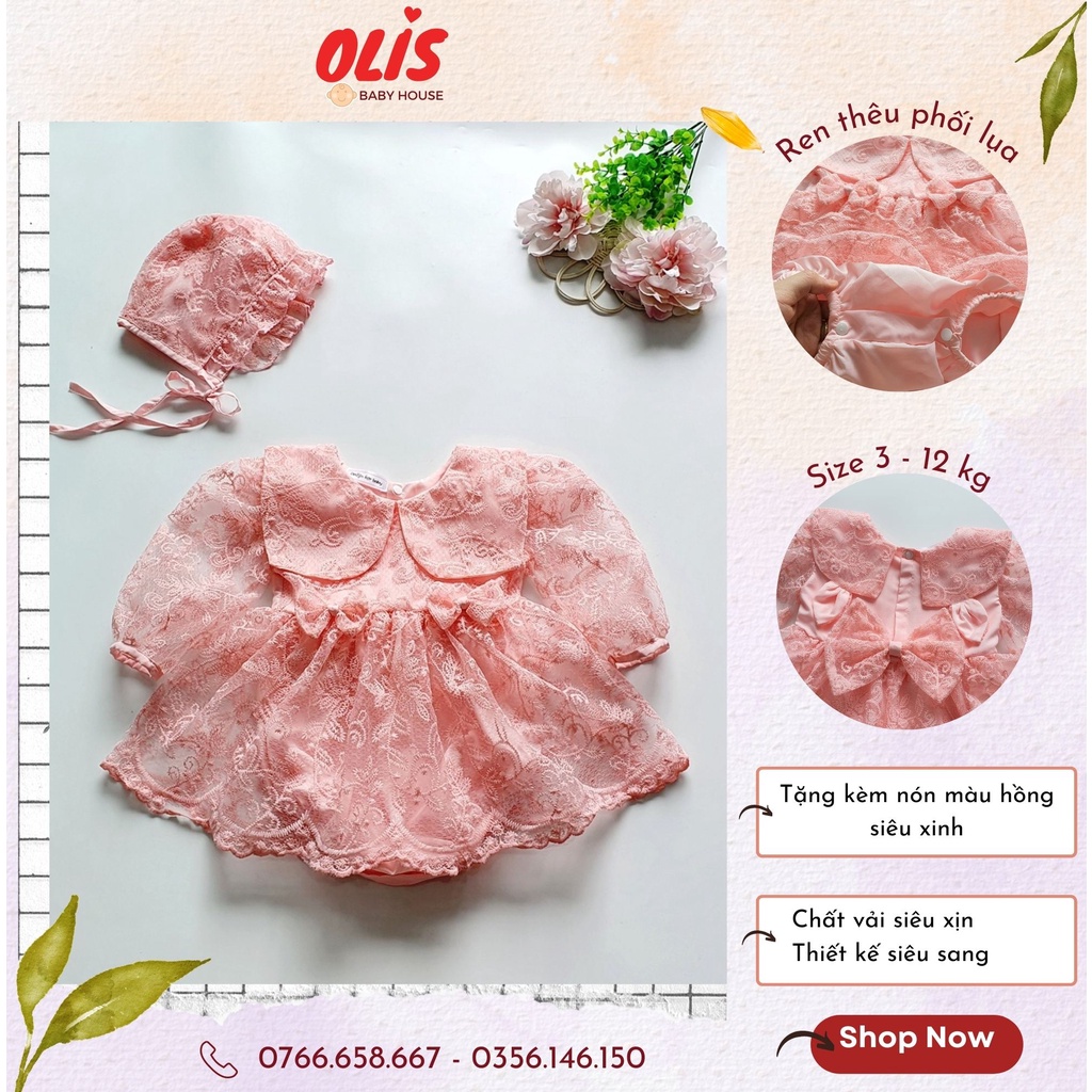 Body váy màu hồng cho Bé gái OLIS Baby House, chất vải ren cao cấp, size 3 - 12 kg